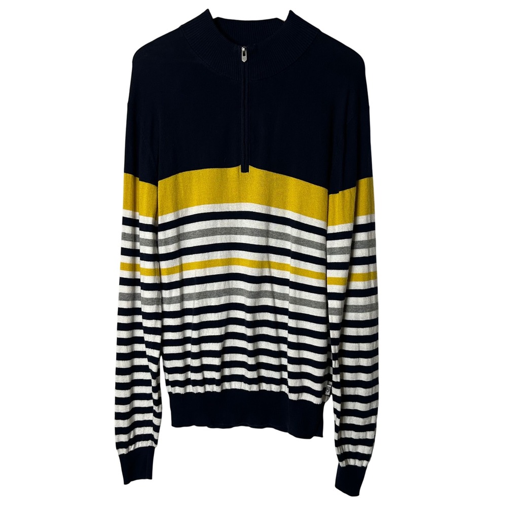 RULE 18 Bobby Jones Sweater Mens L‎ Navy Yellow Stripe 1/4 Zip Pima Cotton